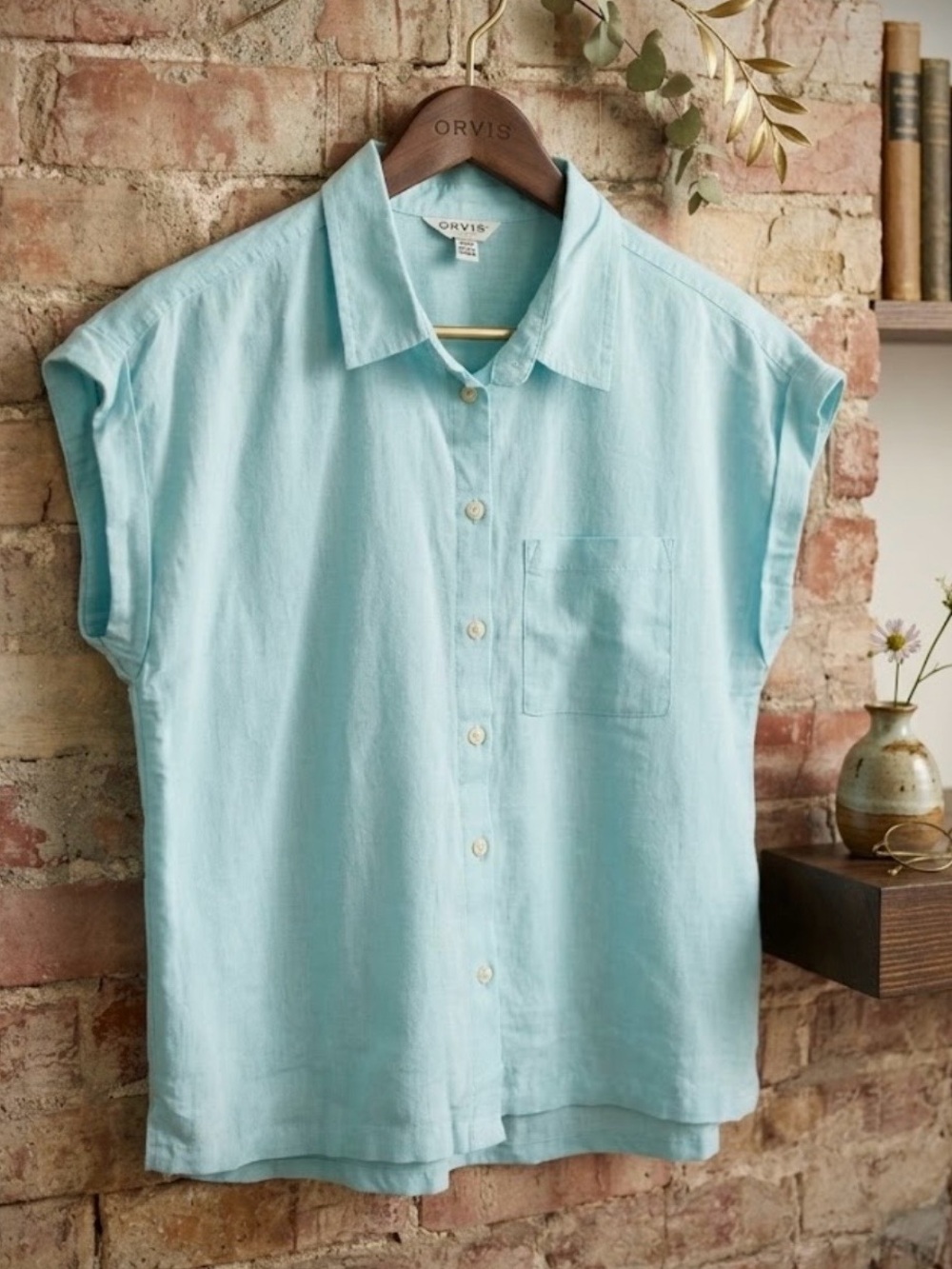 Blue Linen Blend Short Sleeve Button Down